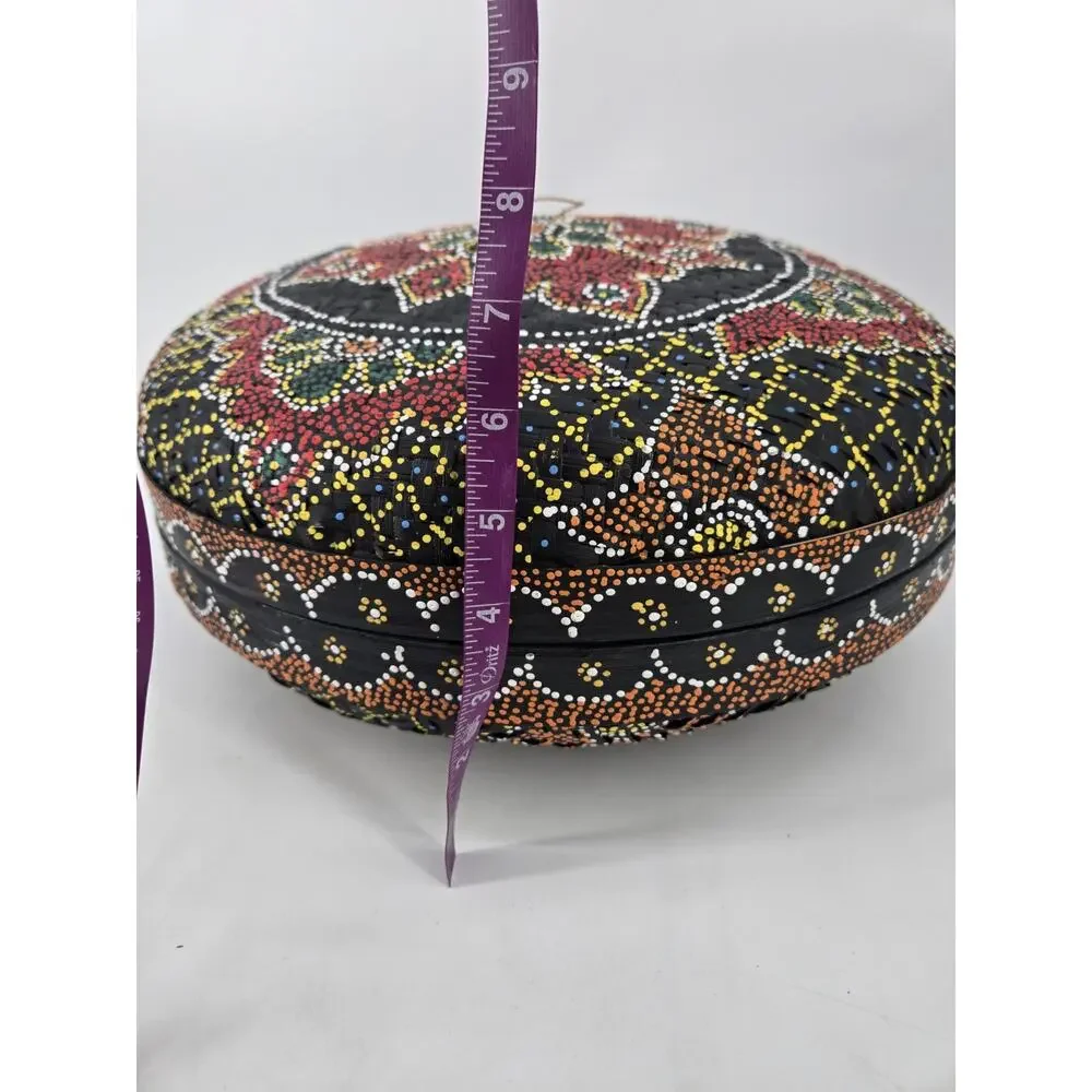 Vtg Large Bali Kaleidoscope Dot Hand Painted Woven Wicker Round Basket w/Lid